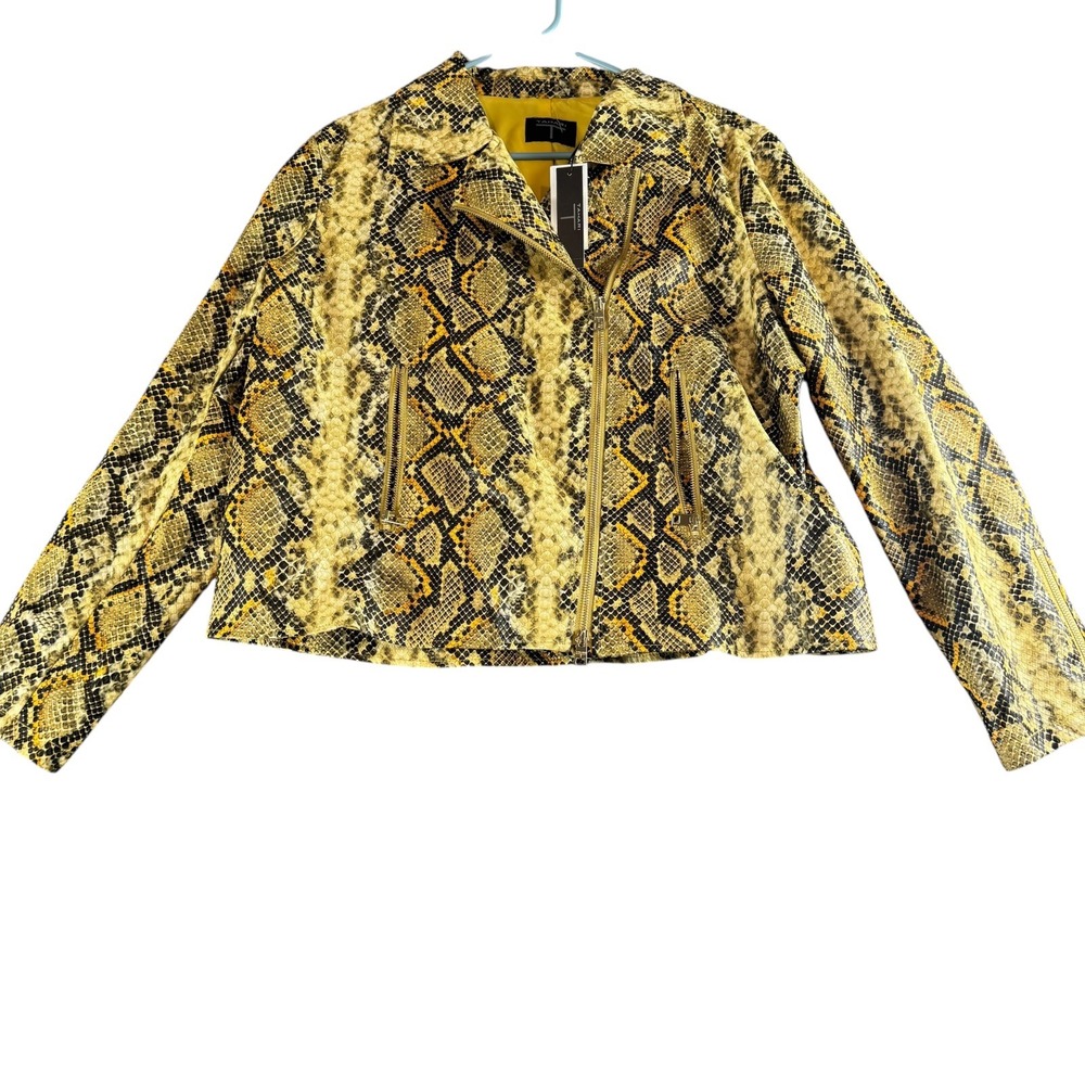 Tahari Yellow Python Faux Leather Moto Jacket Snakeskin Print XL TH01268